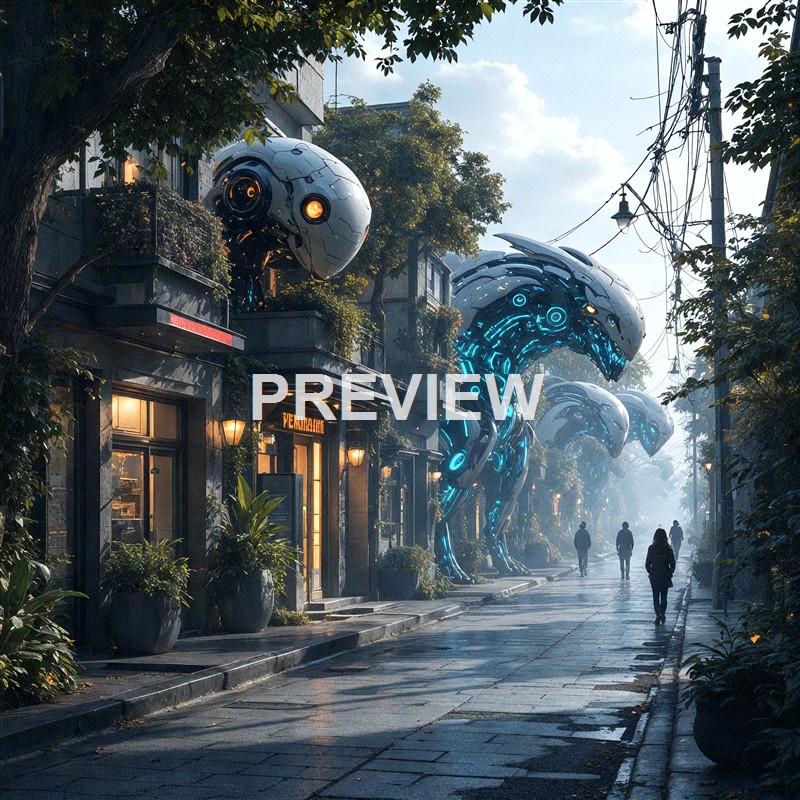 The image shows a city street with large, futuristic robotic creatures resembling dinosaurs with illuminated blue and orange accents, walking alongside pedestrians during daytime.
